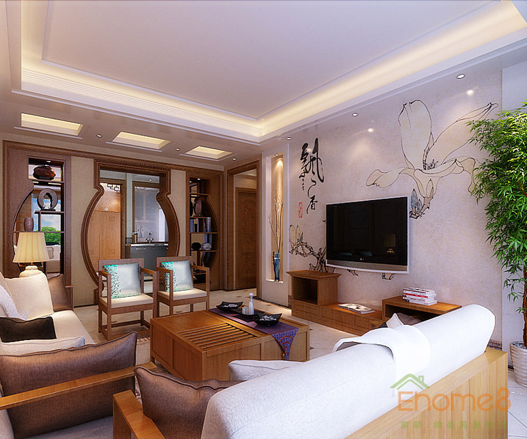 東岸花園客廳原木裝飾家具裝修效果圖