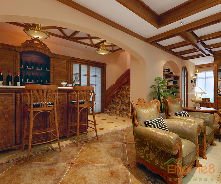 富力花都躍層135平米法式風格客廳酒柜裝修效果圖1