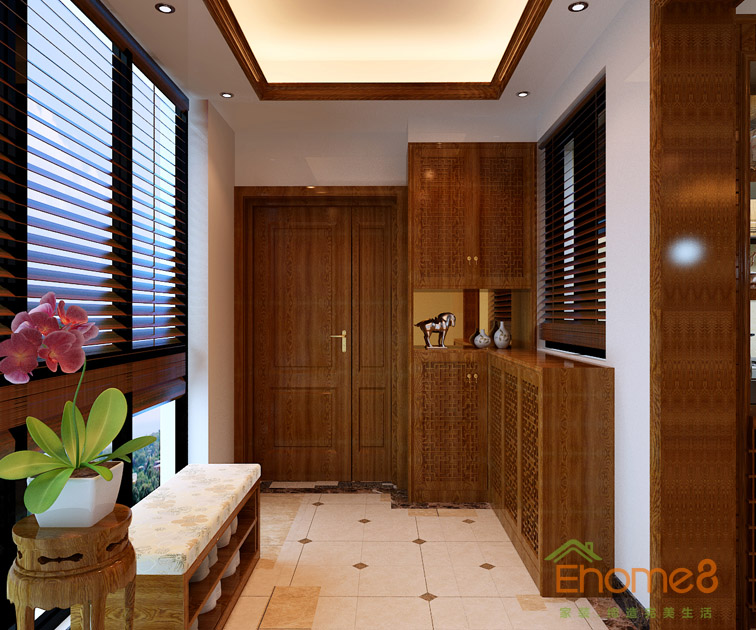 97㎡三房一廳中式原木風格入戶玄關裝修效果圖1