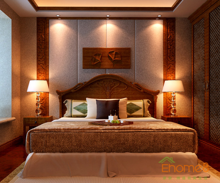 97㎡三房一廳中式原木風格主臥裝修效果圖1