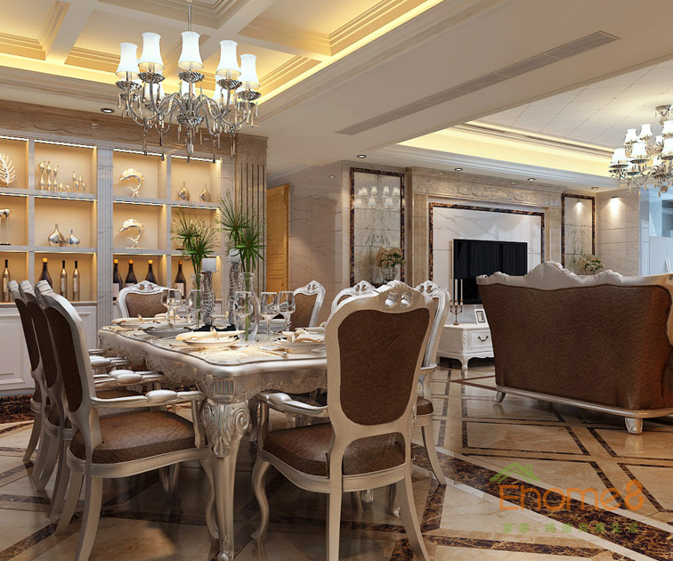 140㎡四房一廳法式風格餐廳吊燈餐桌裝修效果圖.jpg