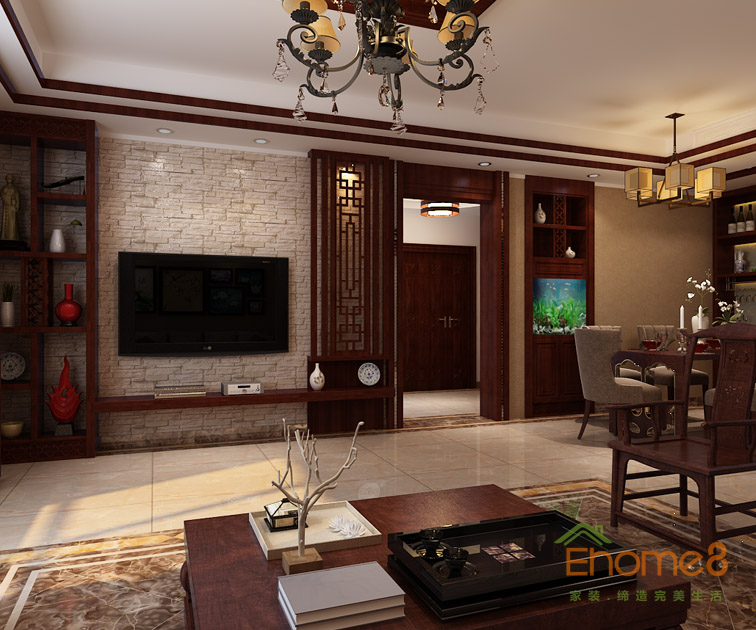 108㎡三房一廳中式風格客廳吊燈電視墻裝修效果圖.jpg