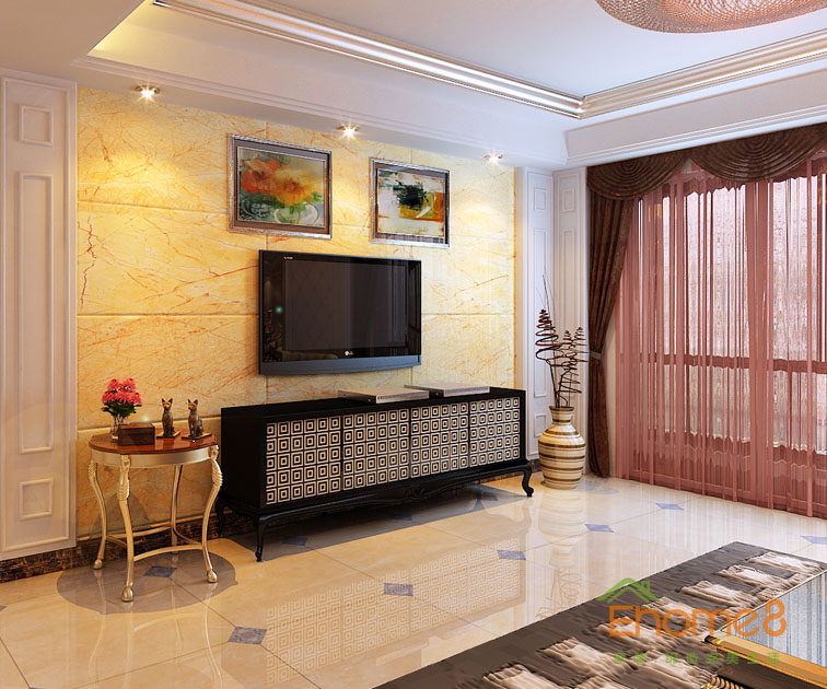 108㎡三房一廳法式風格客廳電視墻裝修效果圖