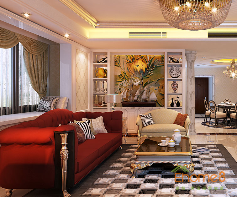 108㎡三房一廳法式風格客廳吊燈沙發裝修效果圖9