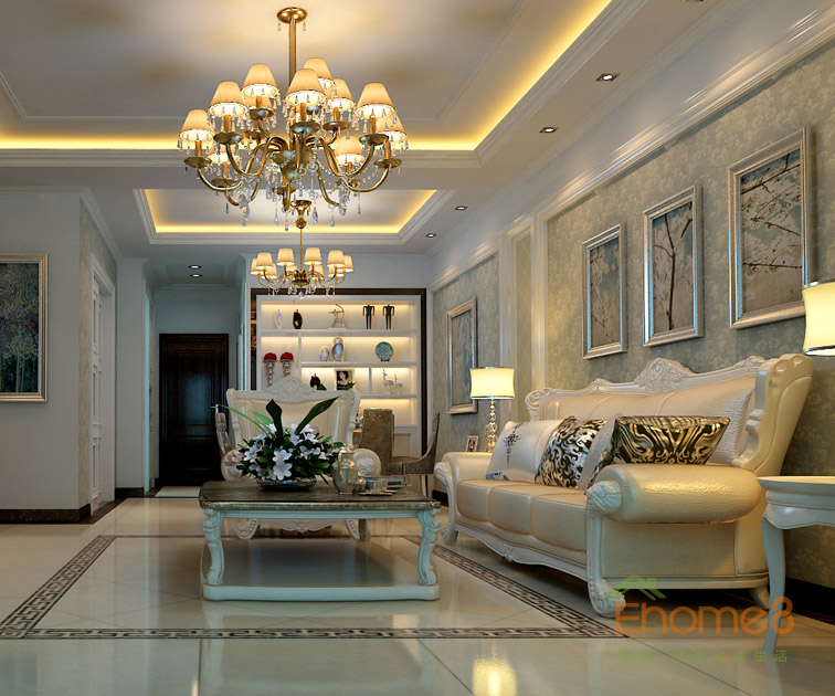 142㎡四房一廳法式風格客廳吊燈沙發(fā)裝修效果圖22