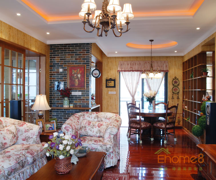 93㎡三房一廳田園風(fēng)格餐廳客廳裝修效果圖