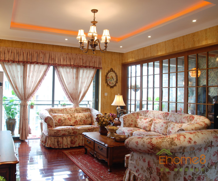 93㎡三房一廳田園風(fēng)格客廳沙發(fā)裝修效果圖