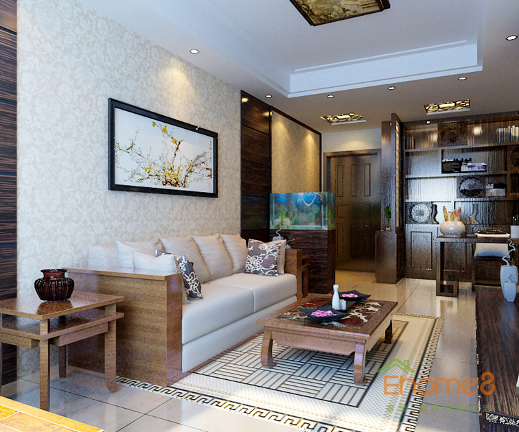 42㎡小戶型中式原木風(fēng)格客廳裝修效果圖