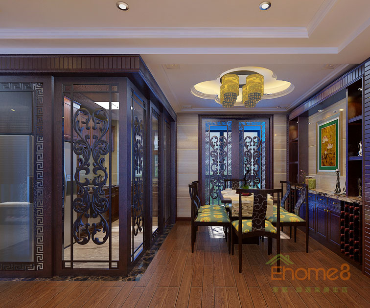 93㎡三房一廳中式原木風(fēng)格餐廳裝修效果圖123