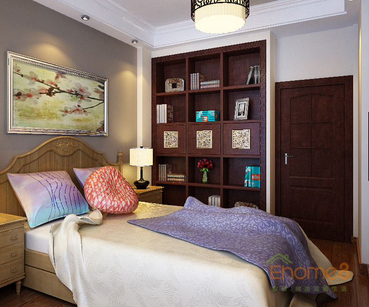 93㎡三房一廳中式原木風(fēng)格次臥儲(chǔ)物柜裝修效果圖