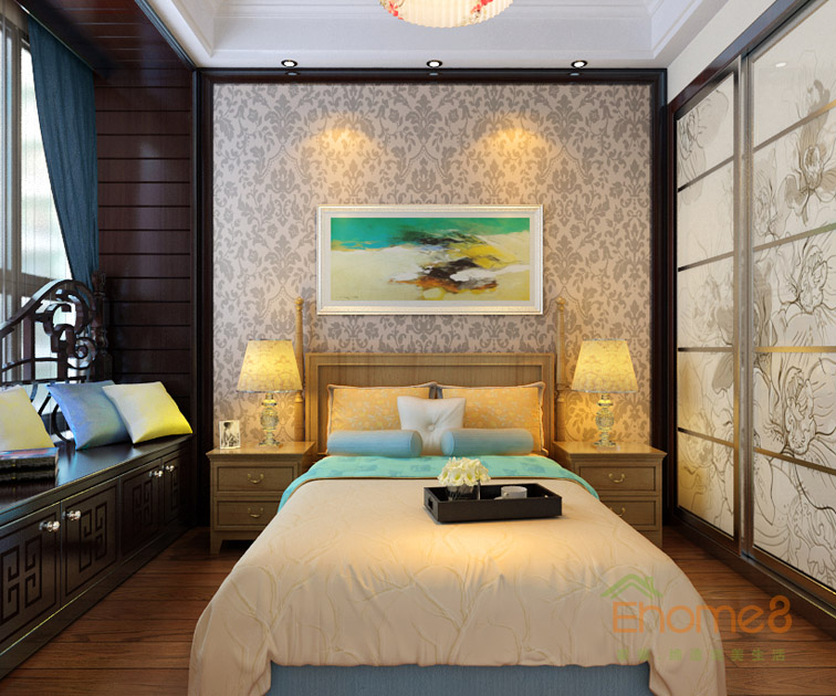 93㎡三房一廳中式原木風(fēng)格次臥裝修效果圖