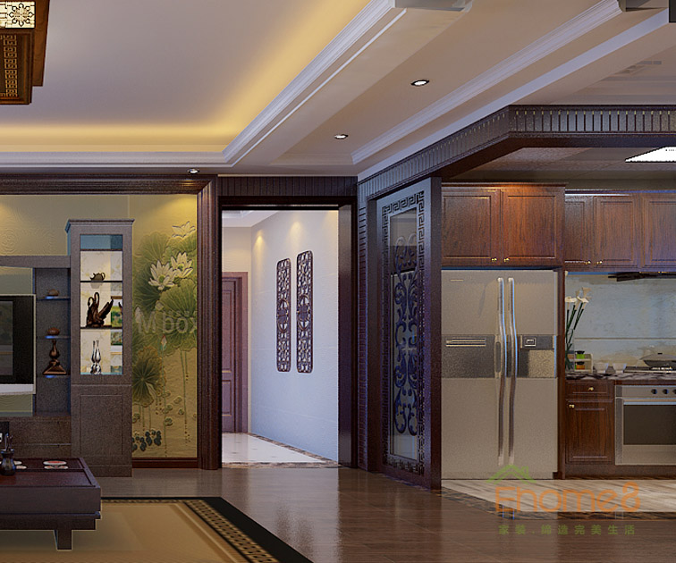 93㎡三房一廳中式原木風(fēng)格過道裝修效果圖