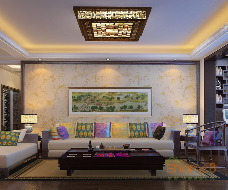 93㎡三房一廳中式原木風(fēng)格客廳背景墻裝修效果圖