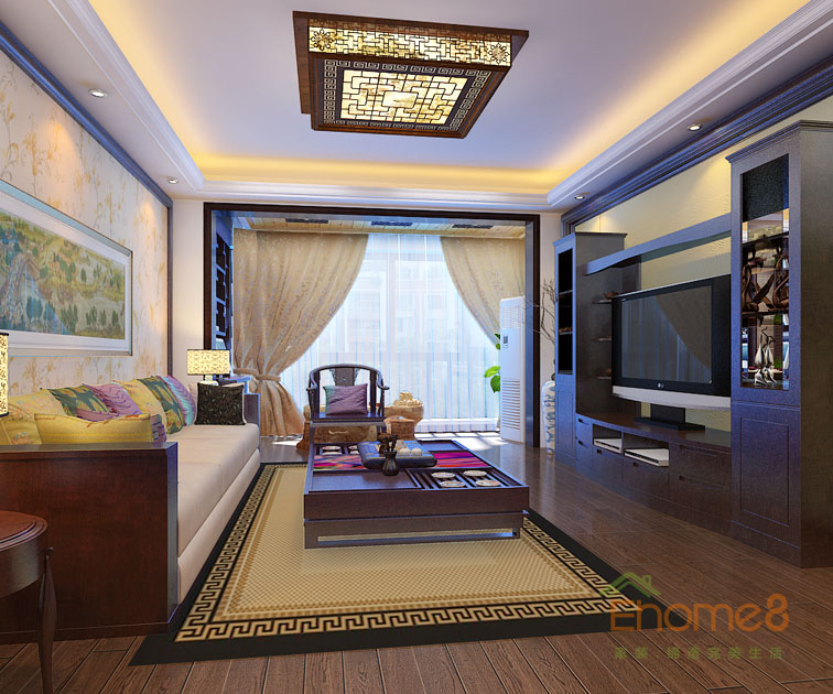 93㎡三房一廳中式原木風(fēng)格客廳全景裝修效果圖