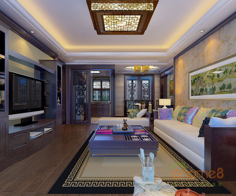 93㎡三房一廳中式原木風(fēng)格客廳全景裝修效果圖78