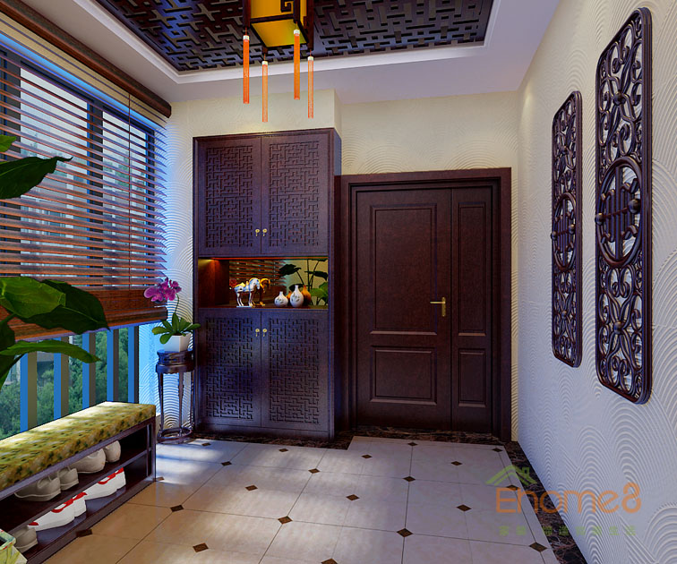 93㎡三房一廳中式原木風(fēng)格入戶玄關(guān)裝修效果圖