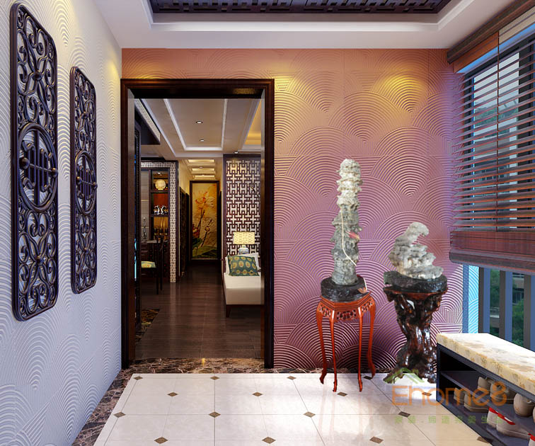 93㎡三房一廳中式原木風(fēng)格入戶裝修效果圖456