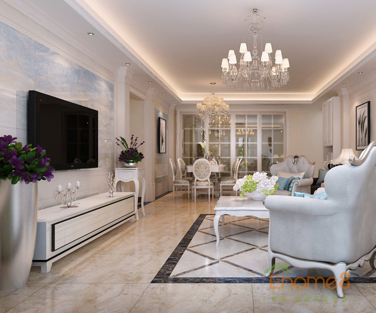 106㎡三房一廳歐式風(fēng)格客廳全景裝修效果圖