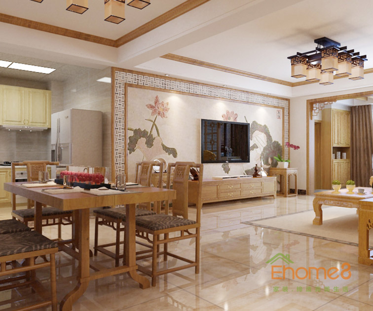 98㎡三房一廳中式原木風(fēng)格客廳餐廳裝修效果圖