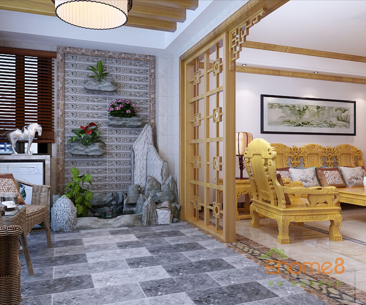 98㎡三房一廳中式原木風(fēng)格休閑處裝修效果圖