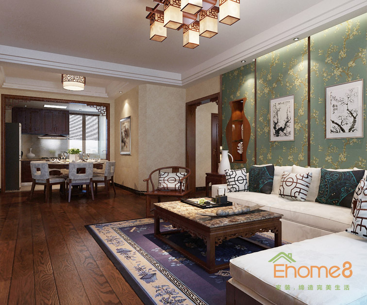 106㎡三房一廳中式風格客廳沙發裝修效果圖