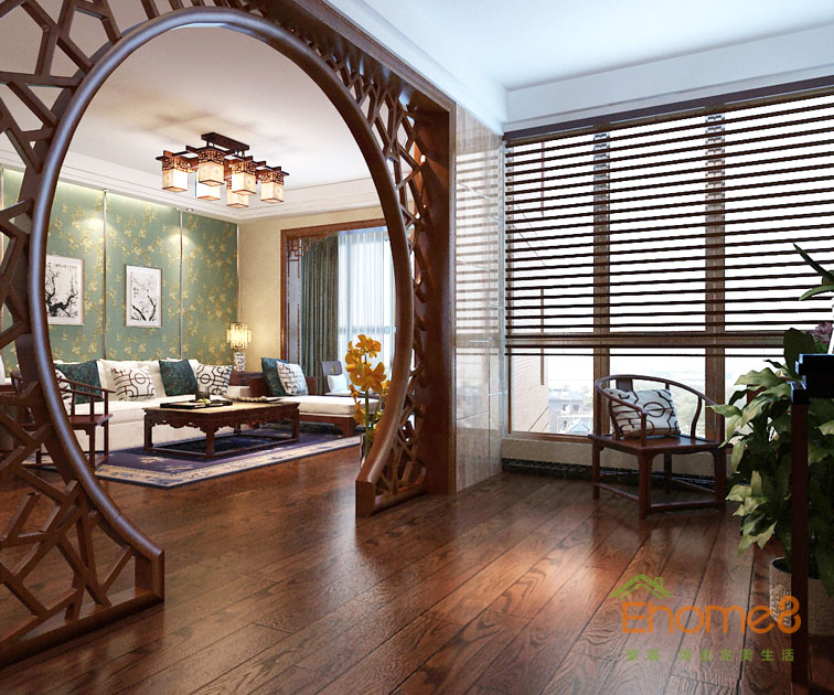 106㎡三房一廳中式風格入戶裝修效果圖