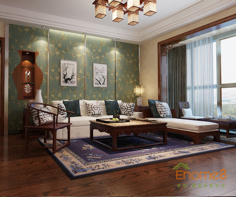 106㎡三房一廳中式風格沙發背景墻裝修效果圖