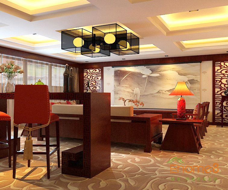 112㎡三房一廳中式原木風格客廳吧臺裝修效果圖.jpg