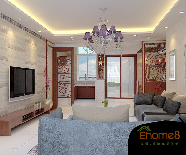 72㎡兩房一廳中式風格客廳沙發裝修效果圖