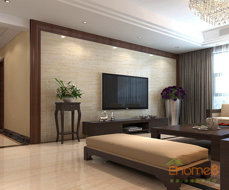 95㎡三房一廳美式風格客廳電視墻裝修效果圖