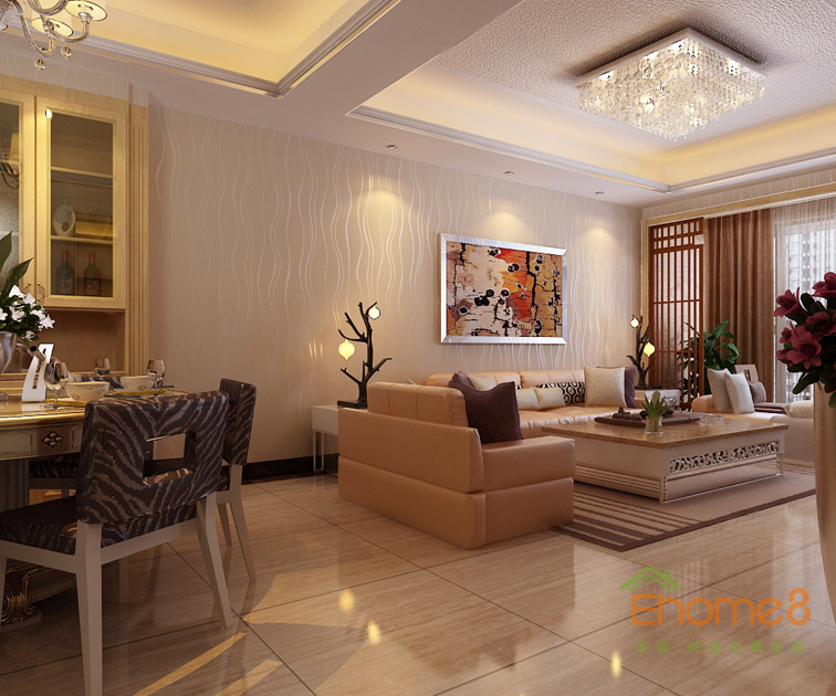 99㎡三房一廳現(xiàn)代中式風(fēng)格客廳背景墻裝修效果圖