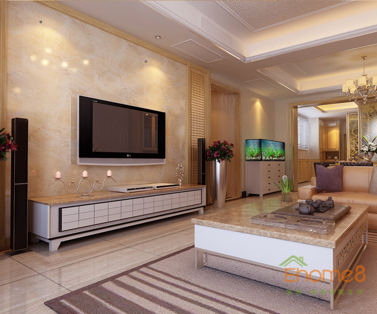 99㎡三房一廳現(xiàn)代中式風(fēng)格客廳茶幾裝修效果圖