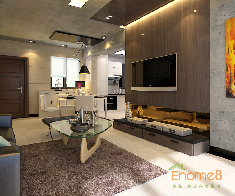 65㎡兩房一廳現(xiàn)代簡約風(fēng)格客廳全局裝修效果圖